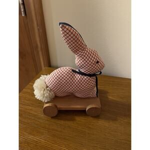 Vintage Decorative Fabric Bunny Figurine on Wooden Trolley
